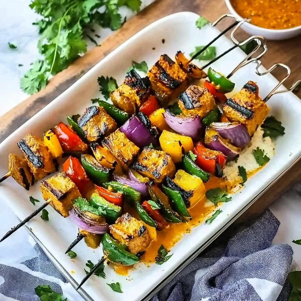 Grilled Veggie Kabobs with Harissa Yogurt