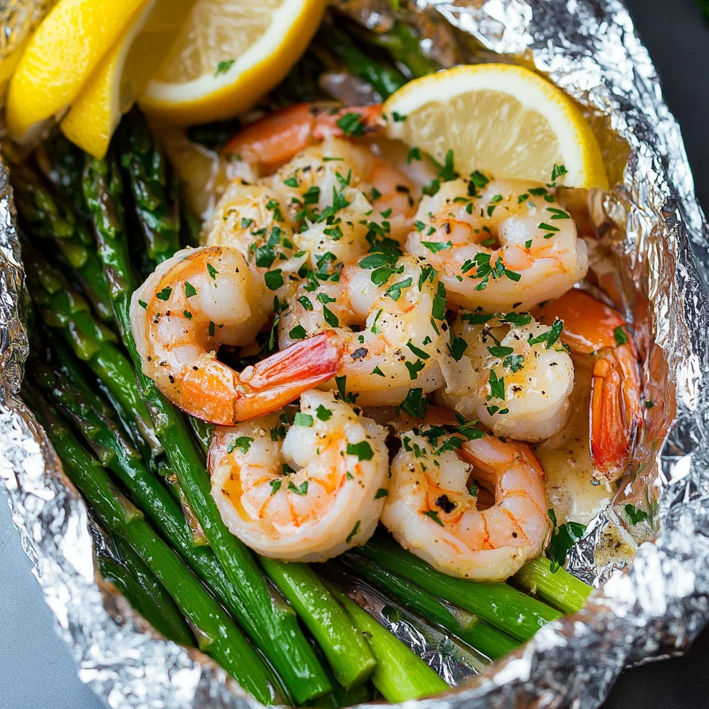 Shrimp and Asparagus Foil Packs with Garlic Lemon Butter Sauce