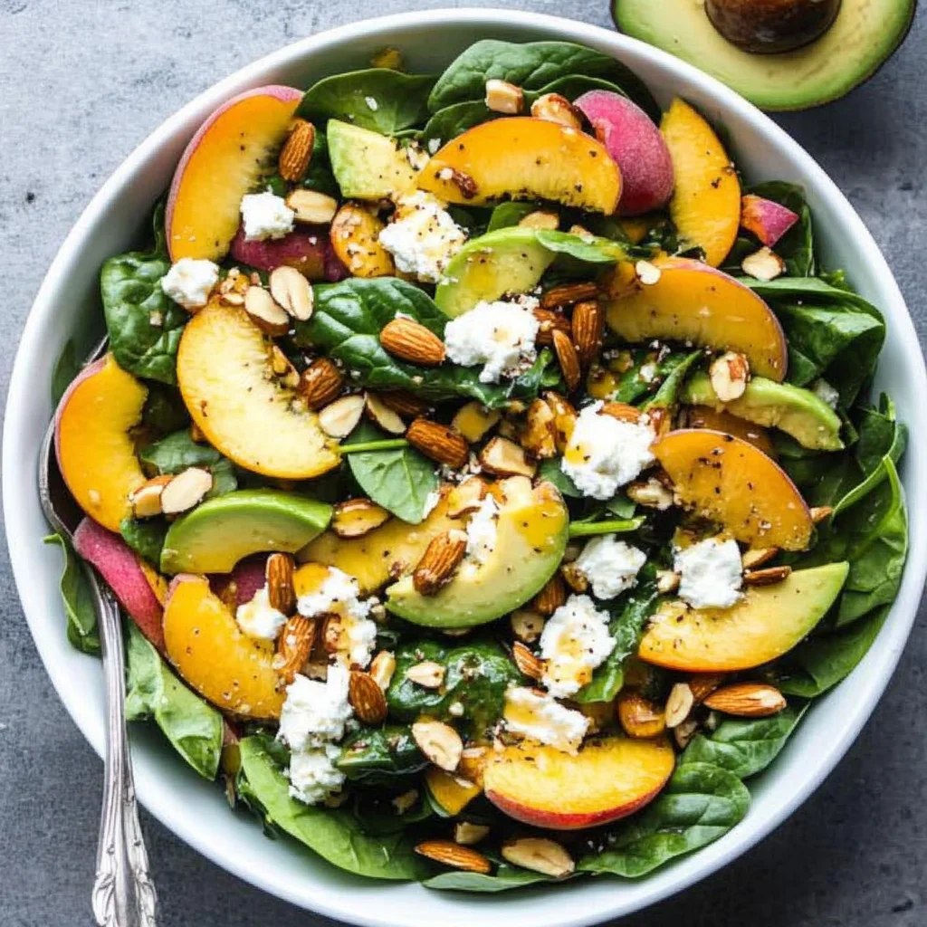 Summer Peach Spinach Salad with Avocado, Toasted Almonds + Goat Cheese
