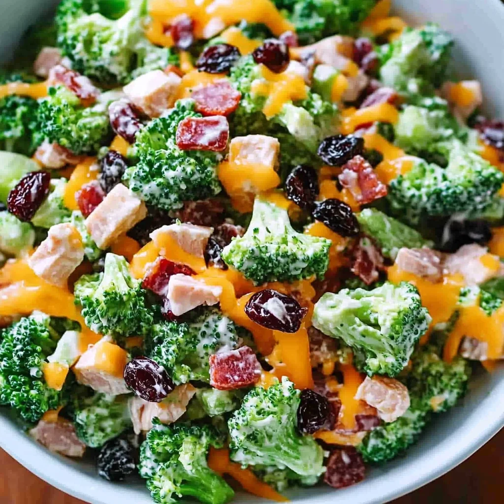 Broccoli Turkey Bacon Salad with Raisins and Cheddar Cheese