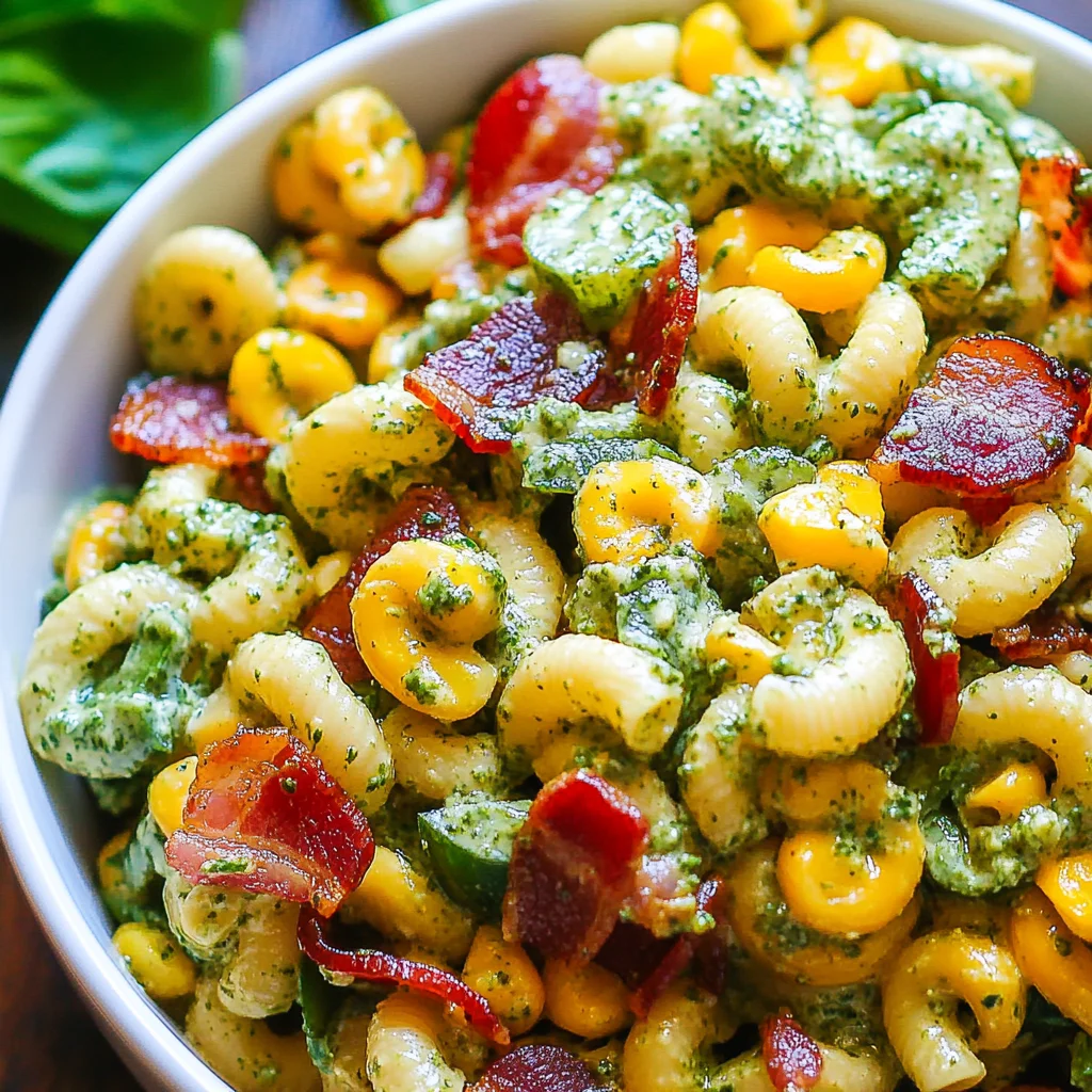 Corn Pasta Salad with Turkey Bacon and Creamy Pesto Dressing
