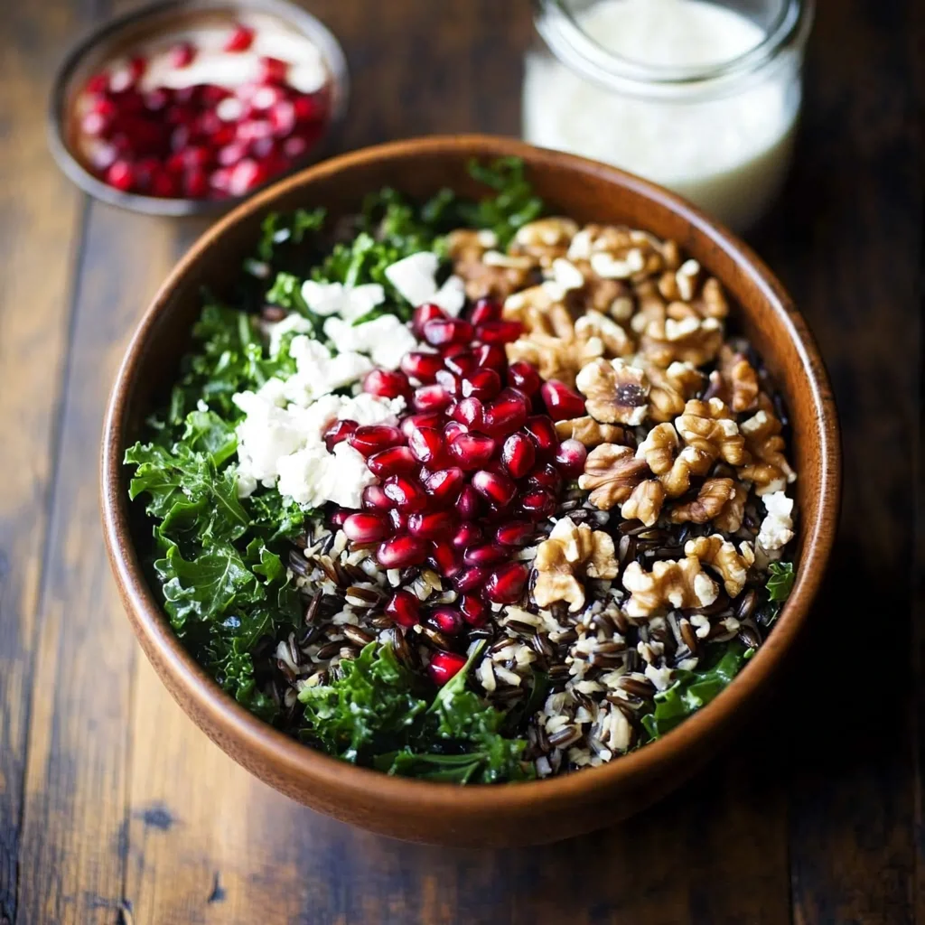 Pomegranate, Kale, and Wild Rice Salad with Walnuts and Feta