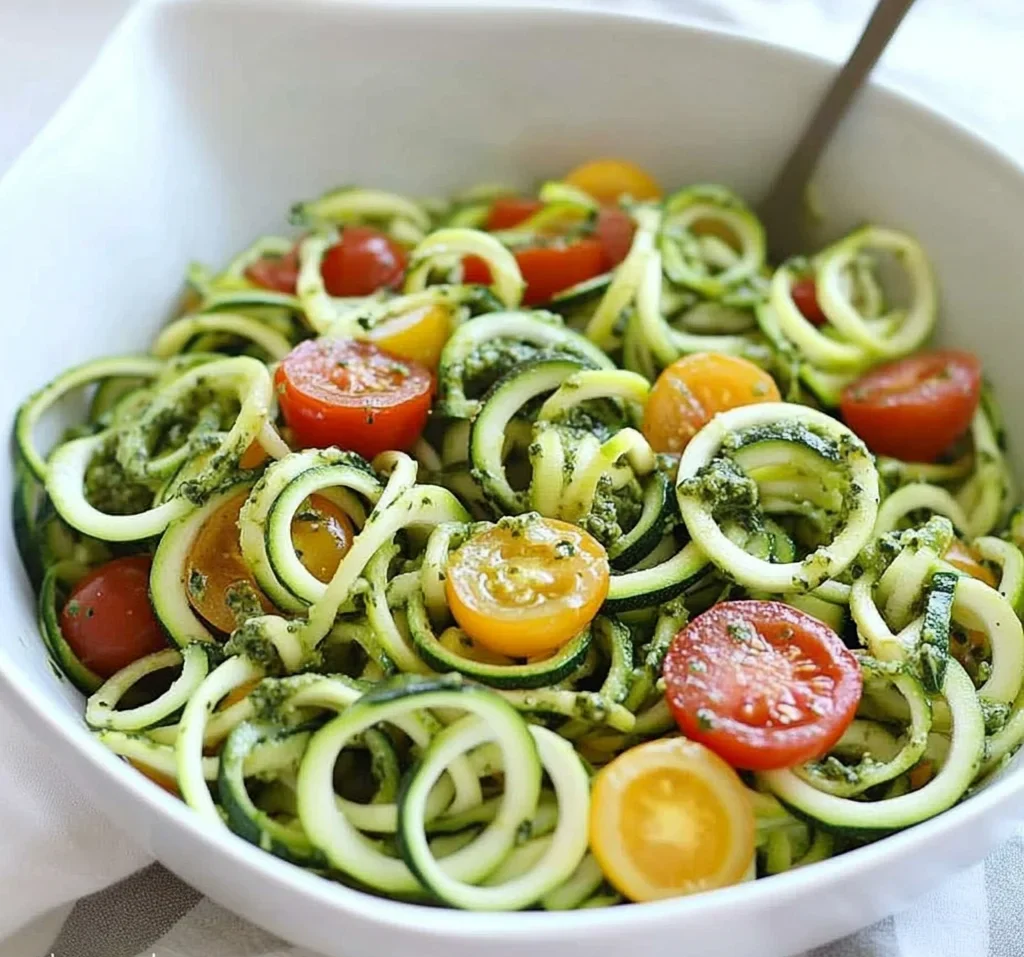 Raw Spiralized Zucchini Noodles with Tomatoes and Pesto
