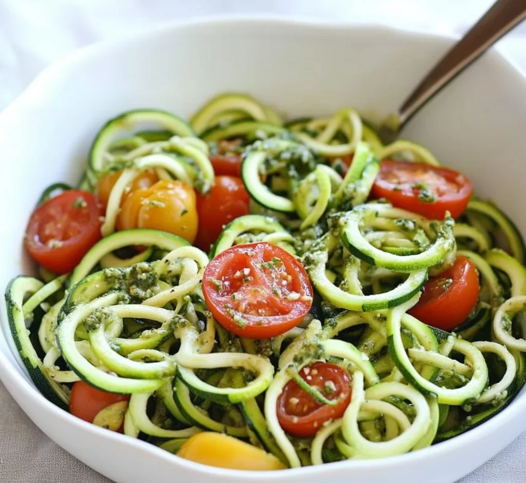 Raw Spiralized Zucchini Noodles with Tomatoes and Pesto