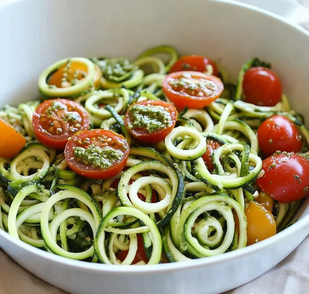 Raw Spiralized Zucchini Noodles with Tomatoes and Pesto