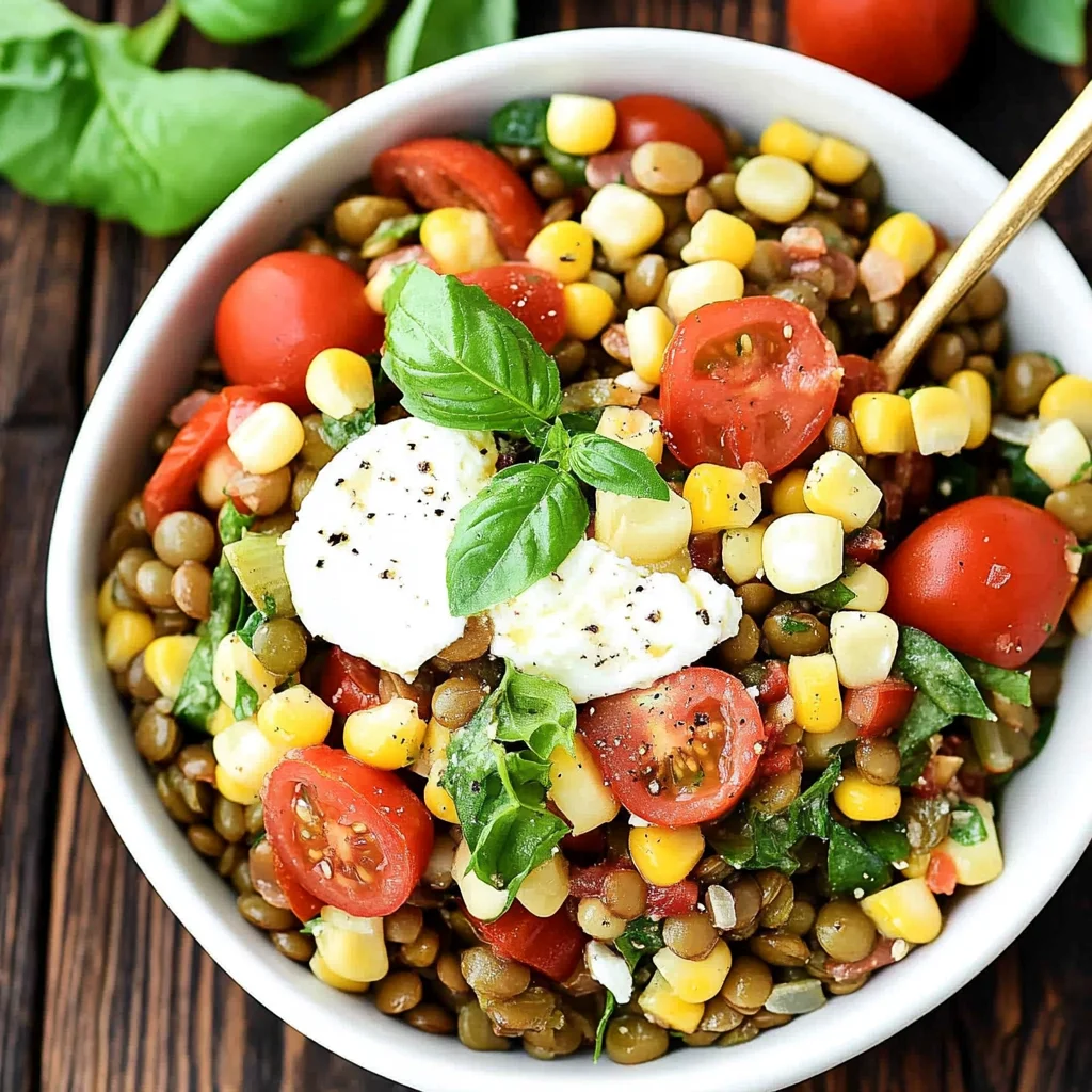 Summer Lentil Salad with Corn, Tomatoes, Mozzarella & Basil