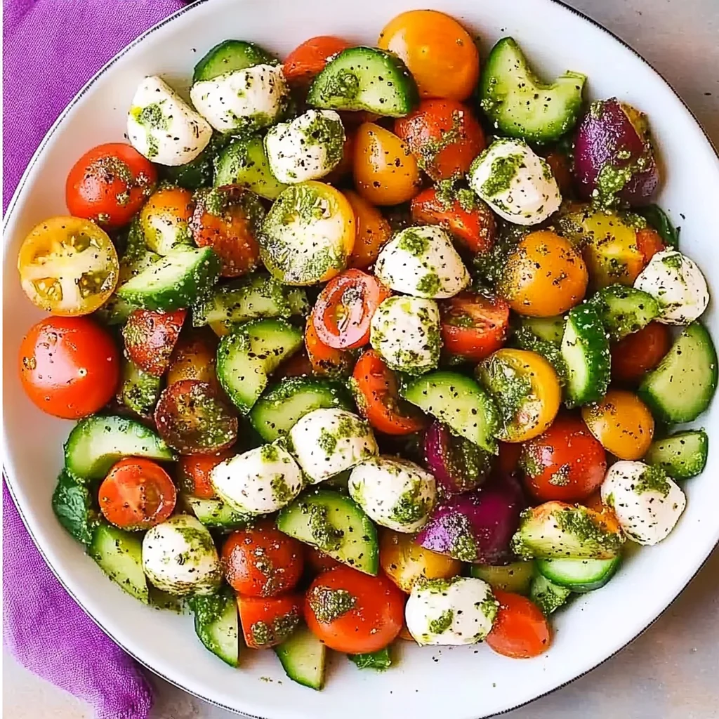 Tomato Cucumber Avocado Salad with Mozzarella and Basil Pesto