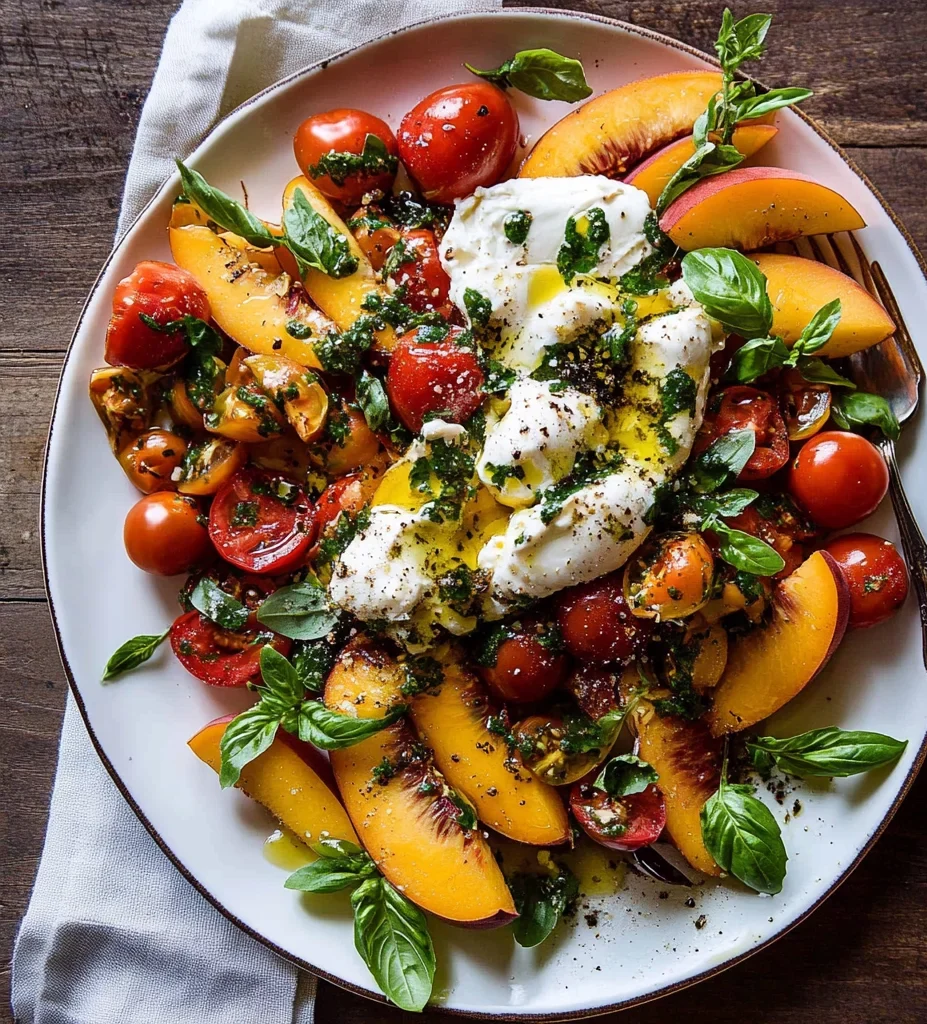 Tomato, Peach, and Burrata Salad