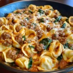 Creamy Tortellini Pasta with Beef, Spinach & Italian Sausage