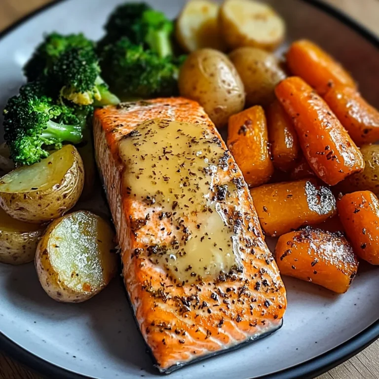 Garlic Butter Salmon with Roasted Potatoes, Glazed Carrots & Steamed Broccoli
