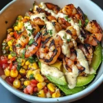 Grilled Shrimp Bowl with Avocado, Corn Salsa & Creamy Garlic Sauce