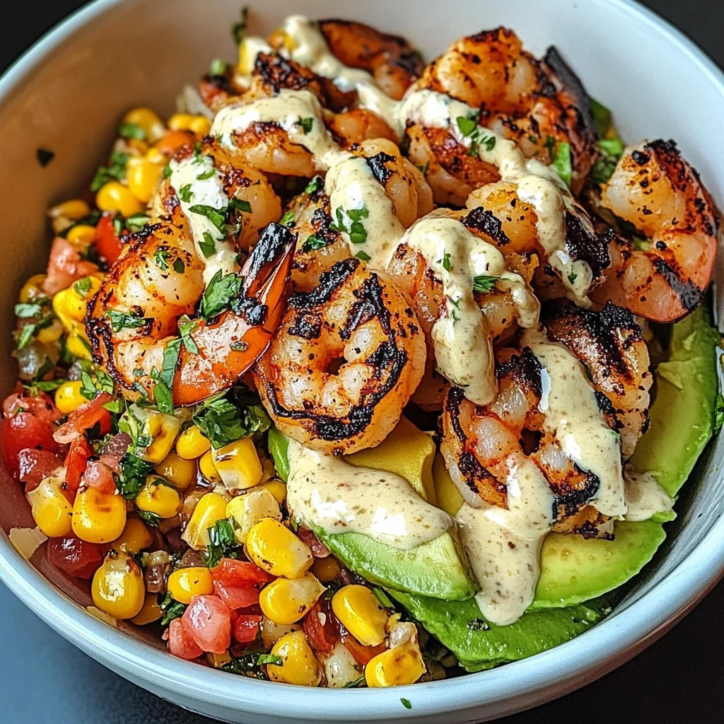 Grilled Shrimp Bowl with Avocado, Corn Salsa & Creamy Garlic Sauce