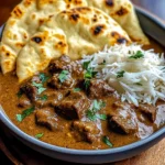 Slow-Cooked Beef Curry in Coconut Gravy with Toasted Garlic Naan