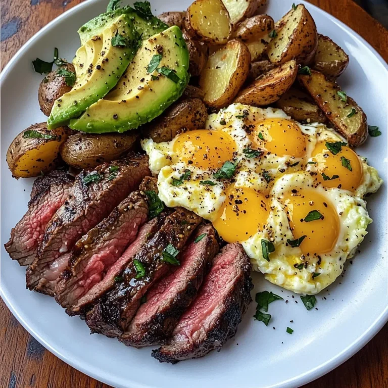 Steak, Cheesy Scrambled Eggs & Herb Potatoes