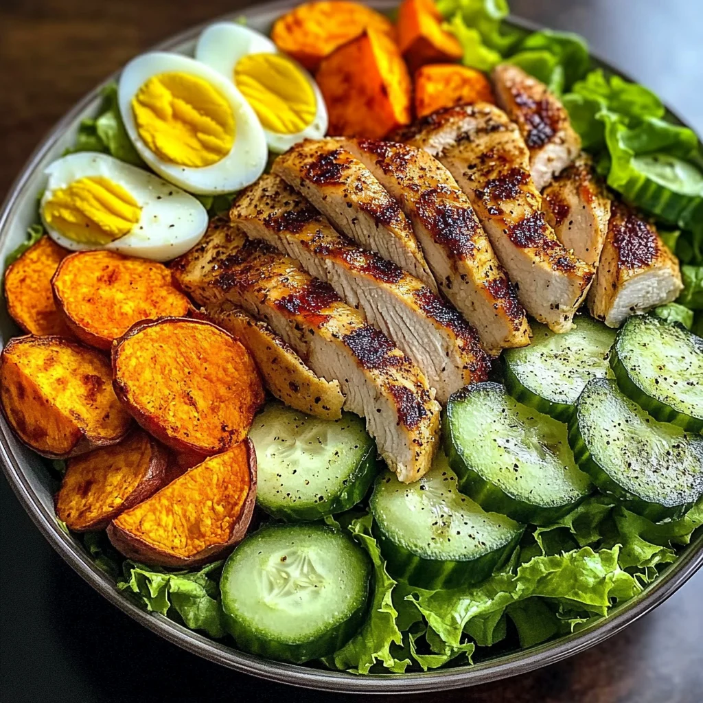 Grilled Chicken Salad Bowl with Sweet Potato Rounds & Eggs