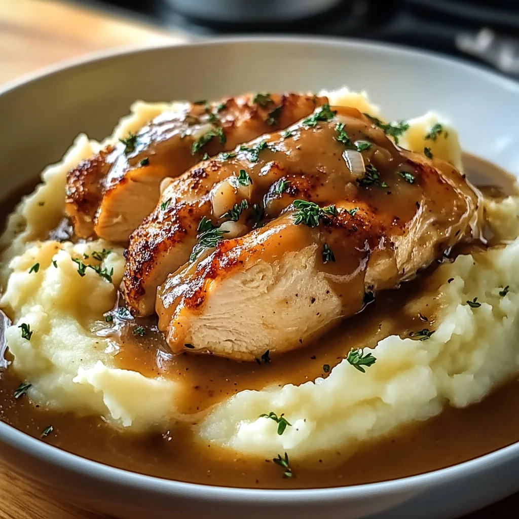 Chicken and Garlic Gravy with Cheesy Mashed Potatoes