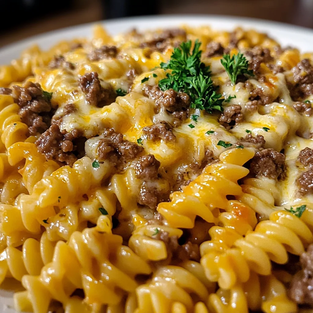 Cheesy Rotini with Garlic Butter Sauce and Ground Beef