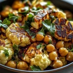 Honey Curry Roasted Cauliflower with Grilled Halloumi and Crunchy Chickpeas