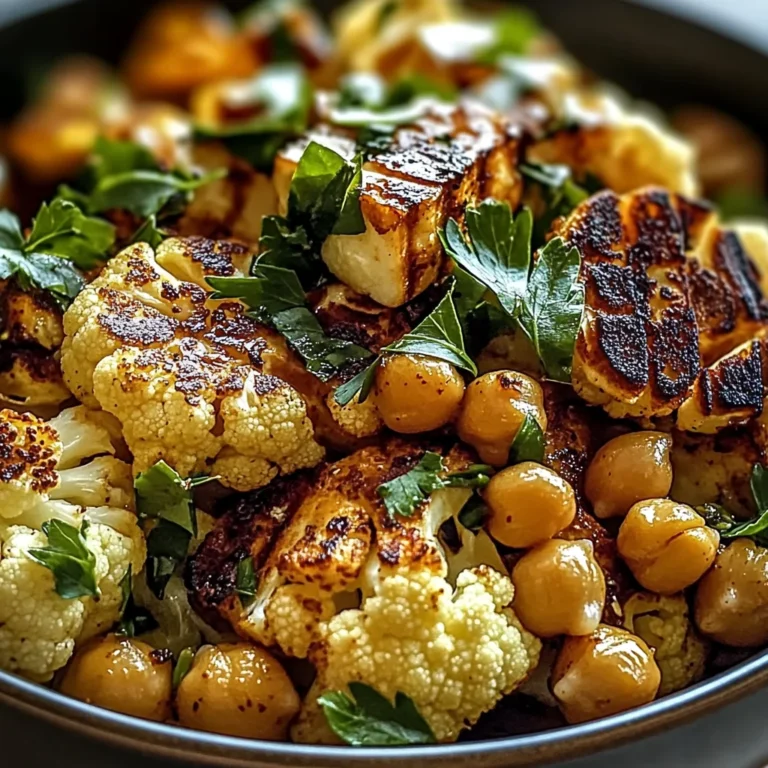 Honey Curry Roasted Cauliflower with Grilled Halloumi and Crunchy Chickpeas