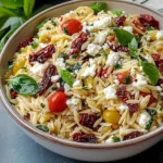 Homemade Orzo Pasta Salad with Feta and Sun Dried Tomatoes - flirtyfood